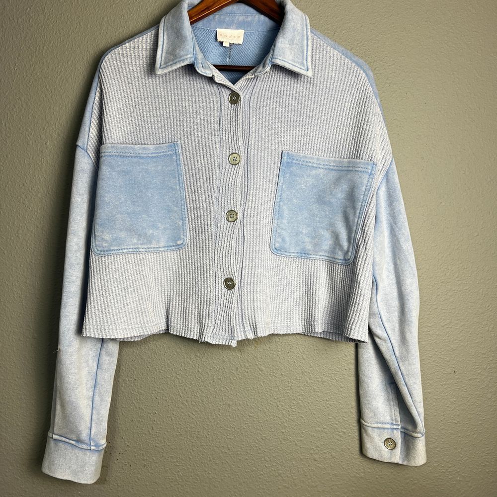 Entre Light Blue Denim Mixed Media Cropped Button Up Jacket Ribbed Knit Casual M
